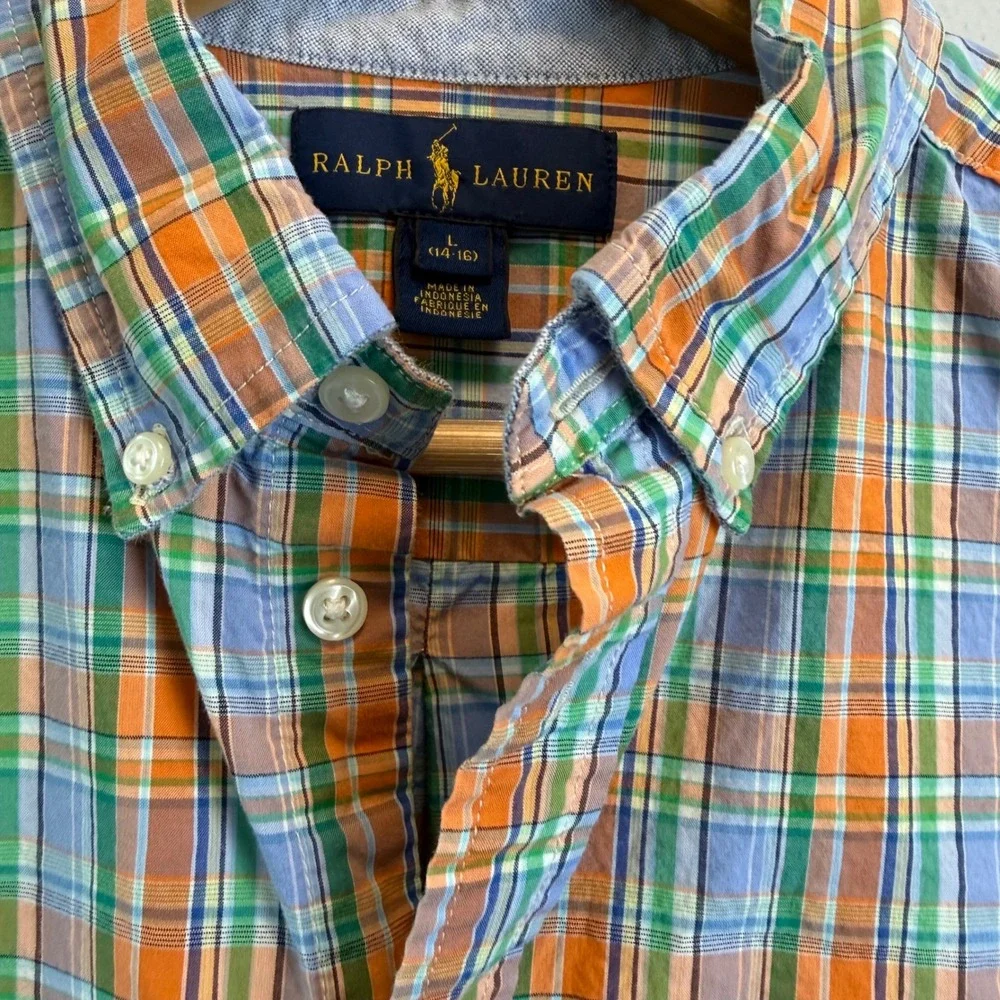 Ralph Lauren Boys Orange Blue Plaid Button Down Shirt Size L 14-16 Long Sleeve